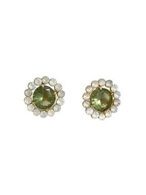 Green Crystal Post Earrings with Rhinestone Halos Gold Tone